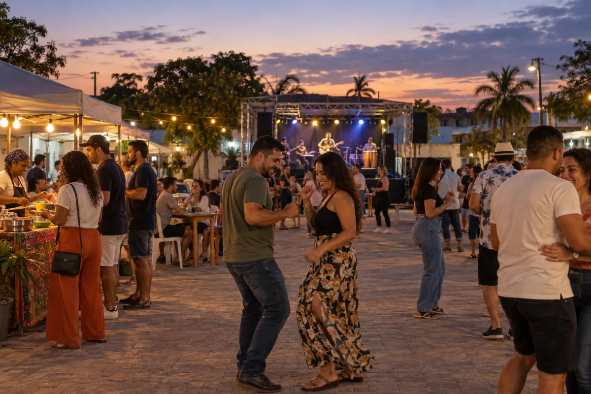 Ilustração por IA: Ilustração fotorrealista horizontal em formato 3:2, com pessoas dançando, barracas de comida e músicos anônimos em um palco ao entardecer. A cena imaginada representa uma celebração comunitária brasileira, sem reproduzir um local específico ou registrar uma edição real do evento.