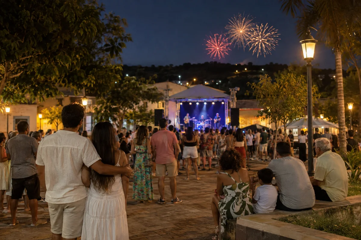 Ilustração por IA: Ilustração fotorrealista em formato horizontal 3:2, com pessoas acompanhando um palco em uma praça arborizada, iluminação noturna acolhedora e fogos no céu. A cena é uma interpretação visual gerada por IA, sem reproduzir o local exato ou registrar a edição real do evento.