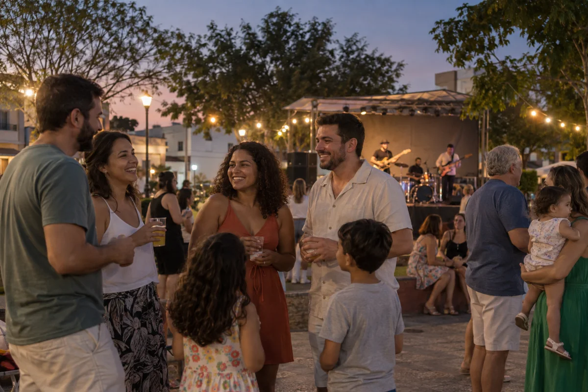 Ilustração por IA: Ilustração fotorealista horizontal em formato 3:2, com famílias e amigos reunidos ao entardecer e músicos ao fundo. A cena imaginada apresenta um ambiente urbano brasileiro arborizado, sem identificar um local específico nem reproduzir uma edição real do evento.