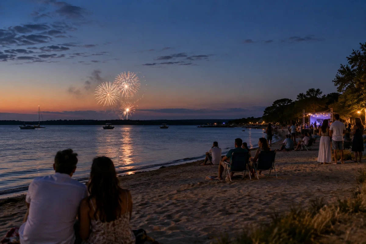 Ilustração por IA: Ilustração fotorealista horizontal em formato 3:2, com pessoas à beira da água ao entardecer, fogos refletidos na superfície e um palco ao fundo. A cena é inspirada na Praia da Barrinha, sem reproduzir uma edição real do evento, e não contém textos ou marcas.