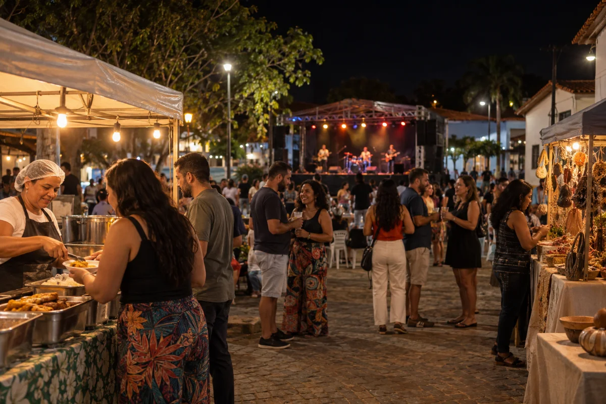 Ilustração por IA: Ilustração fotorrealista em formato paisagem 3:2, com visitantes entre barracas de comida e exposição de produtos, sob iluminação noturna, e um palco ao fundo. A cena foi criada por IA e não reproduz o local exato nem uma edição real do evento.