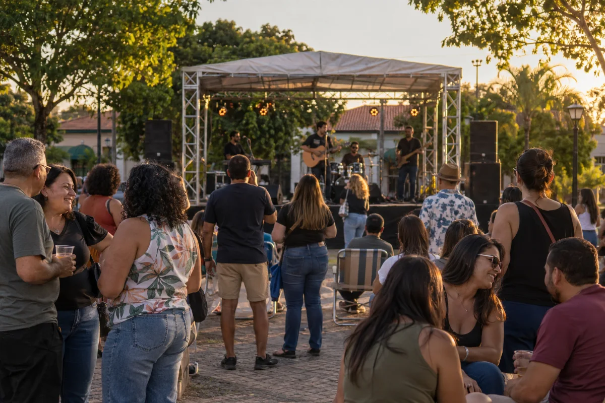 Ilustração por IA: Ilustração fotorealista em formato horizontal 3:2, com pessoas acompanhando uma apresentação musical em um palco ao ar livre, sob luz natural de fim de tarde. Árvores e construções baixas compõem um cenário imaginado do interior paulista, sem representar o local específico ou uma edição real do evento. Imagem gerada por IA.