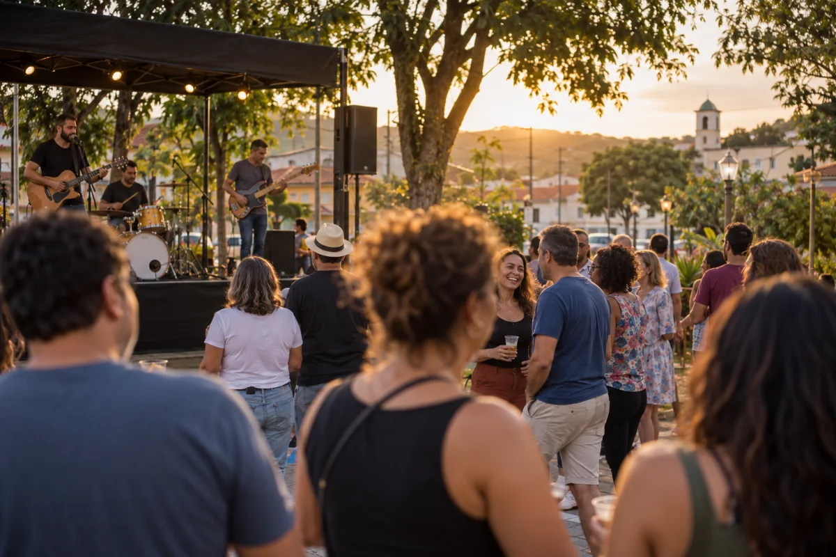 Ilustração por IA: Ilustração fotorrealista em formato horizontal 3:2, com músicos anônimos em um palco e adultos acompanhando a apresentação ao ar livre, sob a luz do fim da tarde. Árvores e construções compõem um cenário imaginado do interior paulista, sem representar o local ou uma edição real do evento. Imagem gerada por IA, sem textos ou marcas.