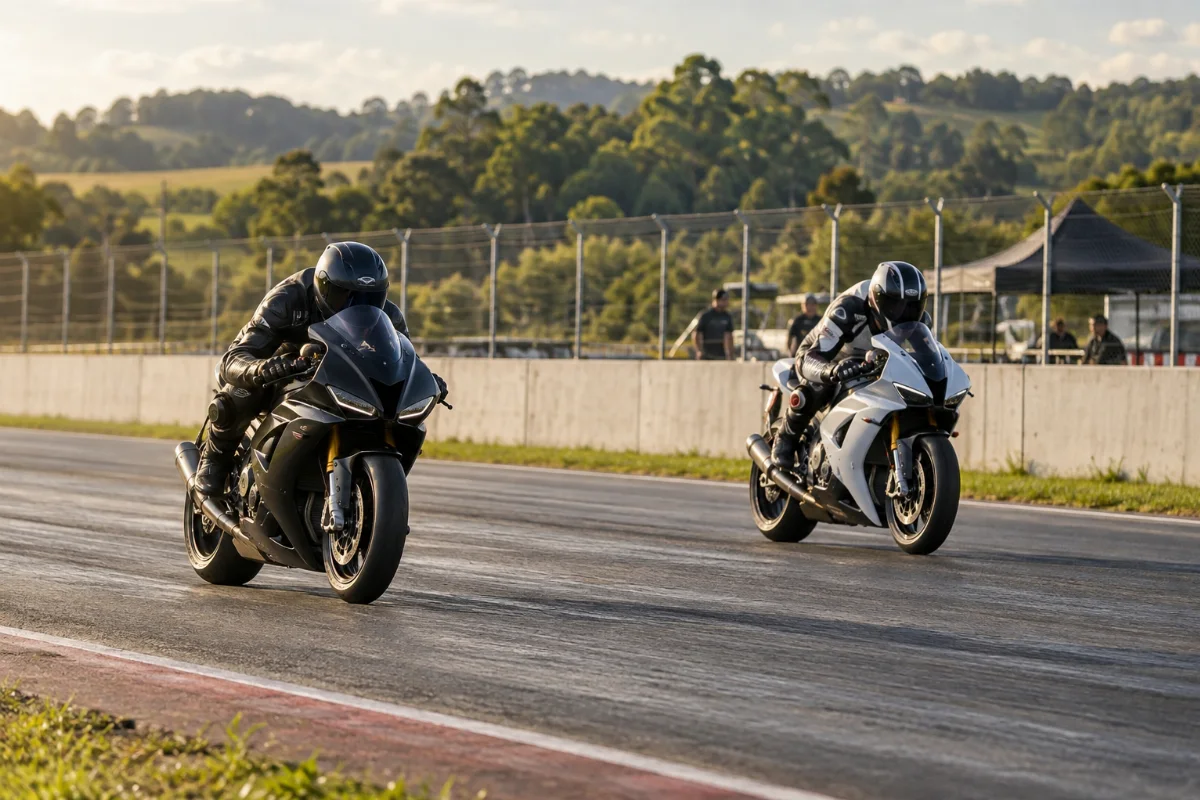 Ilustração por IA: Ilustração fotorealista horizontal em proporção 3:2, com dois motociclistas usando equipamentos de proteção em uma reta de circuito fechado. Barreiras, alambrados e vegetação compõem o cenário sob luz natural, sem representar uma fotografia da edição real.