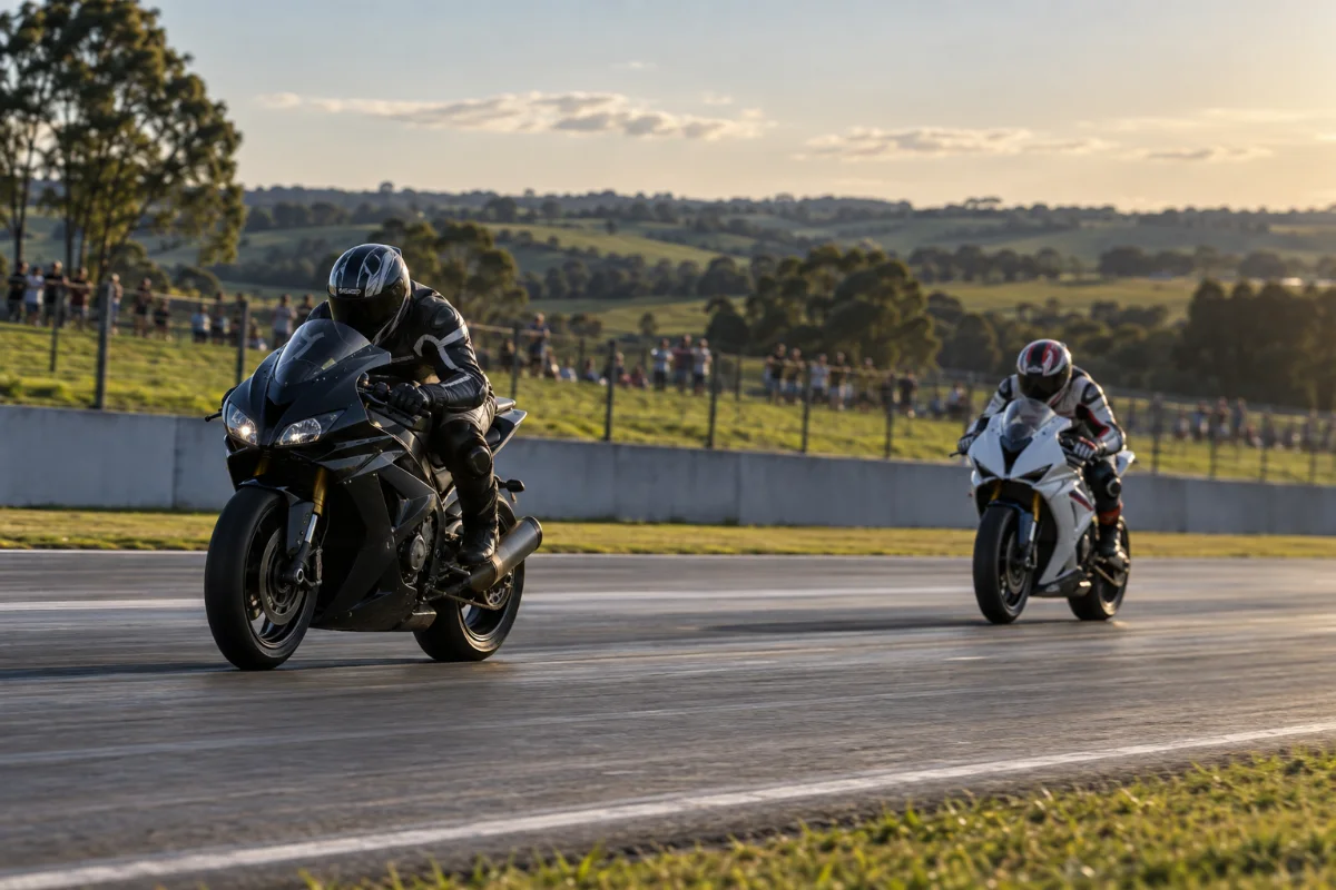 Ilustração por IA: Ilustração fotorealista em formato horizontal 3:2 com dois motociclistas usando equipamentos de proteção em uma pista fechada, sob luz natural. Barreiras separam o público da pista, com colinas verdes ao fundo. A cena foi gerada por IA e não representa um registro da edição ou uma reprodução exata do autódromo.