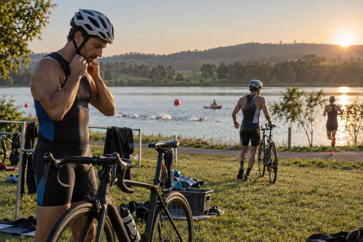 Ilustração por IA: Ilustração fotorealista horizontal em formato 3:2, inspirada no Lago Dourado, com atletas preparando bicicletas, nadando e correndo junto à água sob luz natural suave. A cena é uma criação ilustrativa, sem representar uma edição real do evento.