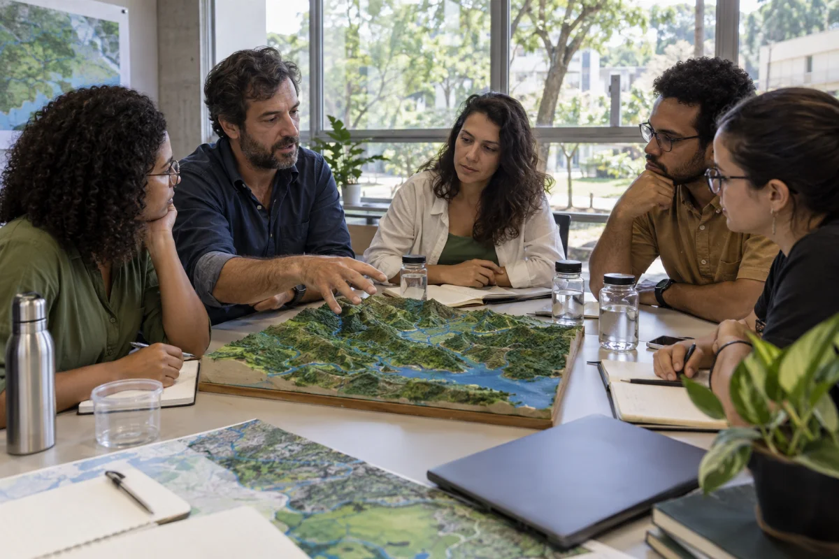 Ilustração por IA: Ilustração fotorrealista horizontal em 3:2, gerada por IA, com adultos reunidos ao redor de uma maquete de bacia hidrográfica, cadernos e recipientes com água. A luz natural e a vegetação externa compõem um ambiente acadêmico imaginado em Campinas, sem representar um local específico ou um registro real do evento.