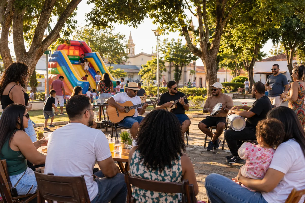 Ilustração por IA: Ilustração fotorrealista em formato paisagem 3:2, com músicos de samba, famílias e um escorregador inflável em uma praça arborizada sob luz natural de fim de tarde. A cena foi gerada por IA e não reproduz o local exato nem uma edição real do evento.
