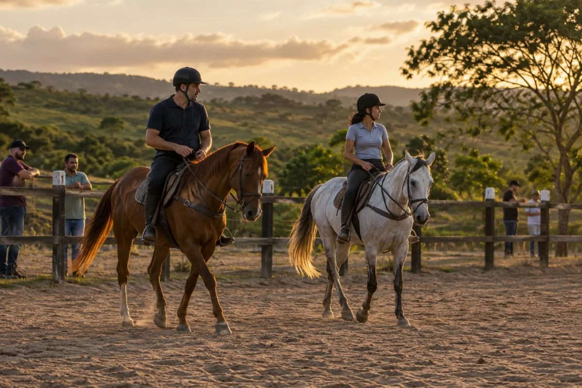 Ilustração por IA: Ilustração fotorrealista horizontal em formato 3:2, gerada por IA, com duas pessoas montadas em cavalos em uma arena de areia, espectadores junto à cerca e vegetação ao fundo sob luz natural de fim de tarde. A cena é imaginada, sem representar o local exato ou uma edição real do evento, e não contém textos ou logotipos.
