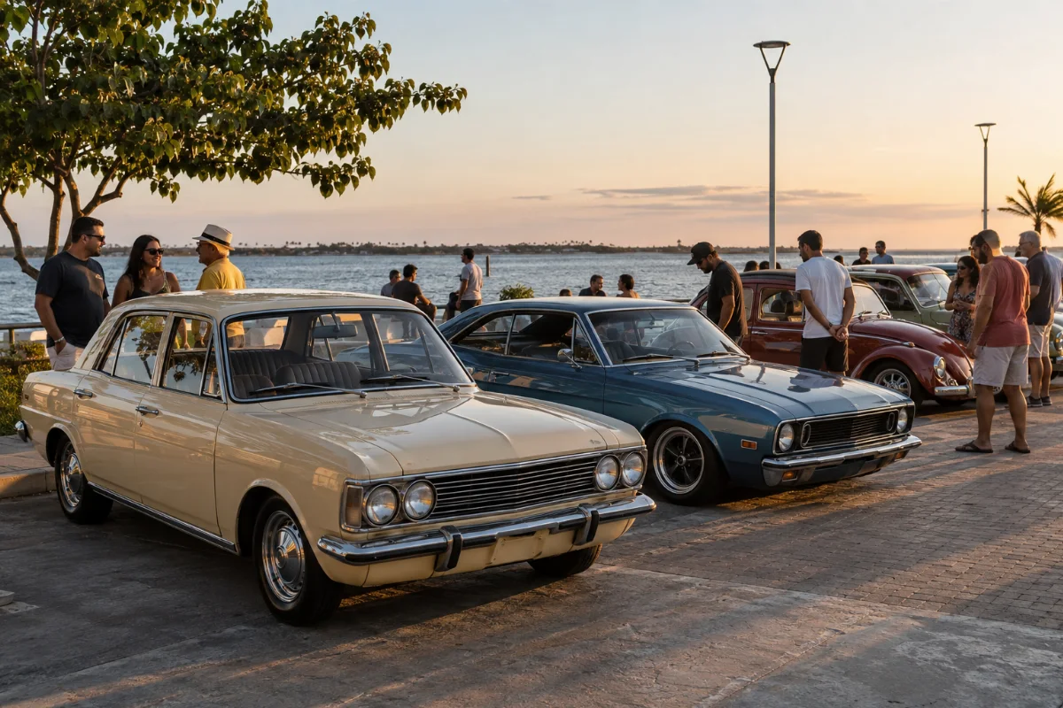 Ilustração por IA: Ilustração fotorealista em formato horizontal 3:2, com carros antigos e rebaixados estacionados junto à orla, enquanto visitantes observam os veículos e conversam sob luz natural de fim de tarde. A cena é uma interpretação gerada por IA, inspirada em Camocim, sem representar um local exato ou um registro da edição real.