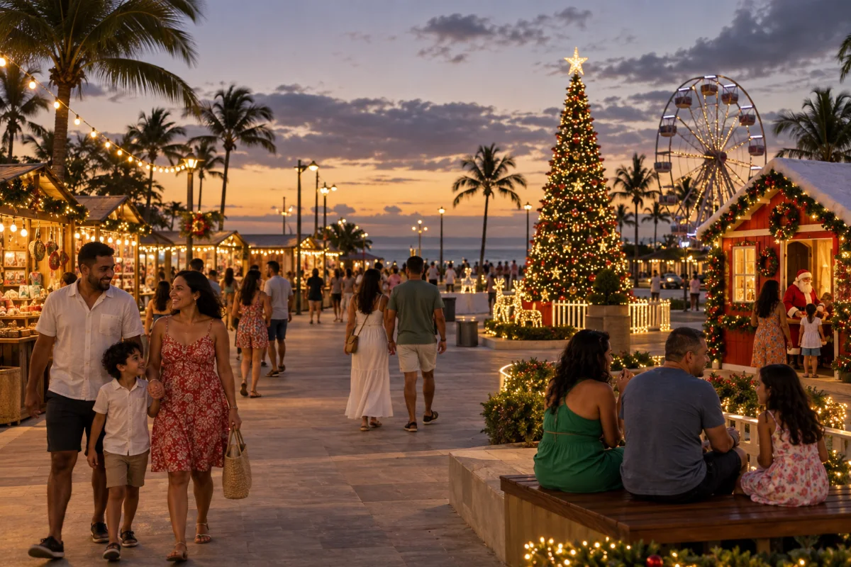 Ilustração por IA: Ilustração fotorrealista horizontal em formato 3:2, com famílias em uma orla tropical ao entardecer, árvore natalina iluminada, roda-gigante e barracas de artesanato. Cena conceitual gerada por IA, inspirada no evento, sem reproduzir seu espaço real ou uma fotografia da edição.