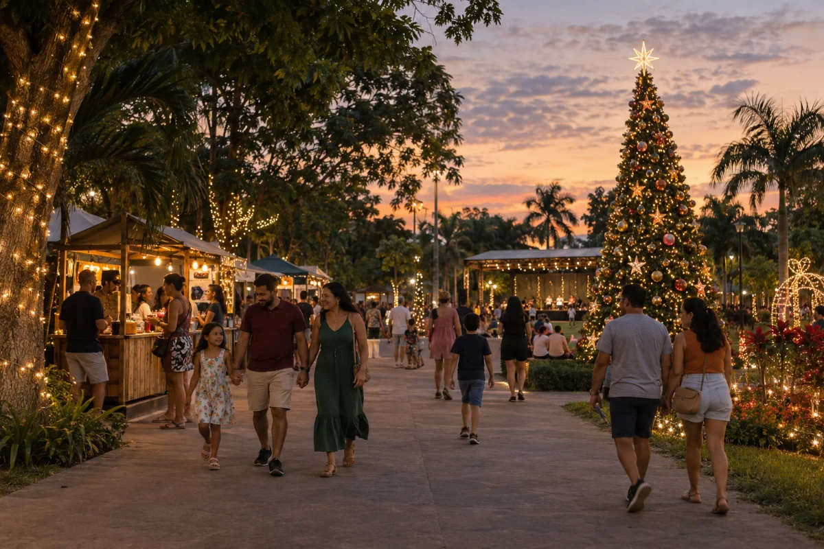 Ilustração por IA: Ilustração fotorrealista horizontal em formato 3:2, com famílias passeando ao entardecer entre árvores iluminadas, barracas de comida e uma árvore de Natal. A cena imaginada apresenta vegetação tropical e uma área de apresentações ao fundo, sem reproduzir o local real do evento. Imagem gerada por IA.