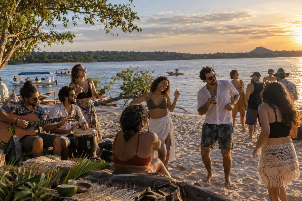 Ilustração por IA: Ilustração fotorealista horizontal em formato 3:2, com pessoas convivendo e dançando ao som de músicos à beira de um rio, sob luz natural de fim de tarde. A cena imaginada inspira-se em Alter do Chão, sem retratar uma edição real do evento, e não contém textos ou logotipos.