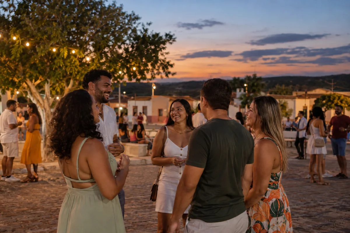 Ilustração por IA: Ilustração fotorealista horizontal em formato 3:2, com adultos confraternizando ao entardecer em um espaço público imaginado, inspirado no interior potiguar. Casas baixas e luzes discretas compõem o cenário, sem textos ou marcas e sem representar um local específico ou registro da edição real.
