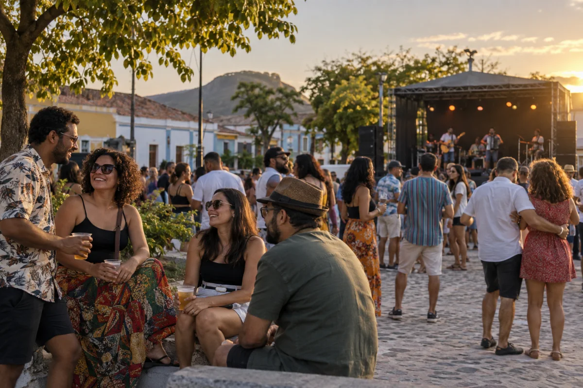 Ilustração por IA: Ilustração fotorealista horizontal em formato 3:2, com pessoas convivendo em uma praça e músicos ao fundo, sob luz natural de fim de tarde. O cenário imaginado remete ao interior cearense, sem reproduzir um local exato ou uma edição real do festival.